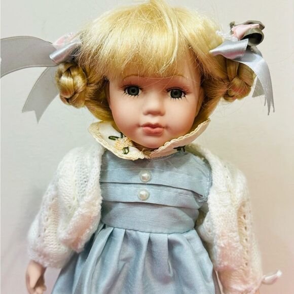 Vintage Unique Porcelain Hand painted Doll 11" in Blue Dress - Picture 3 of 11